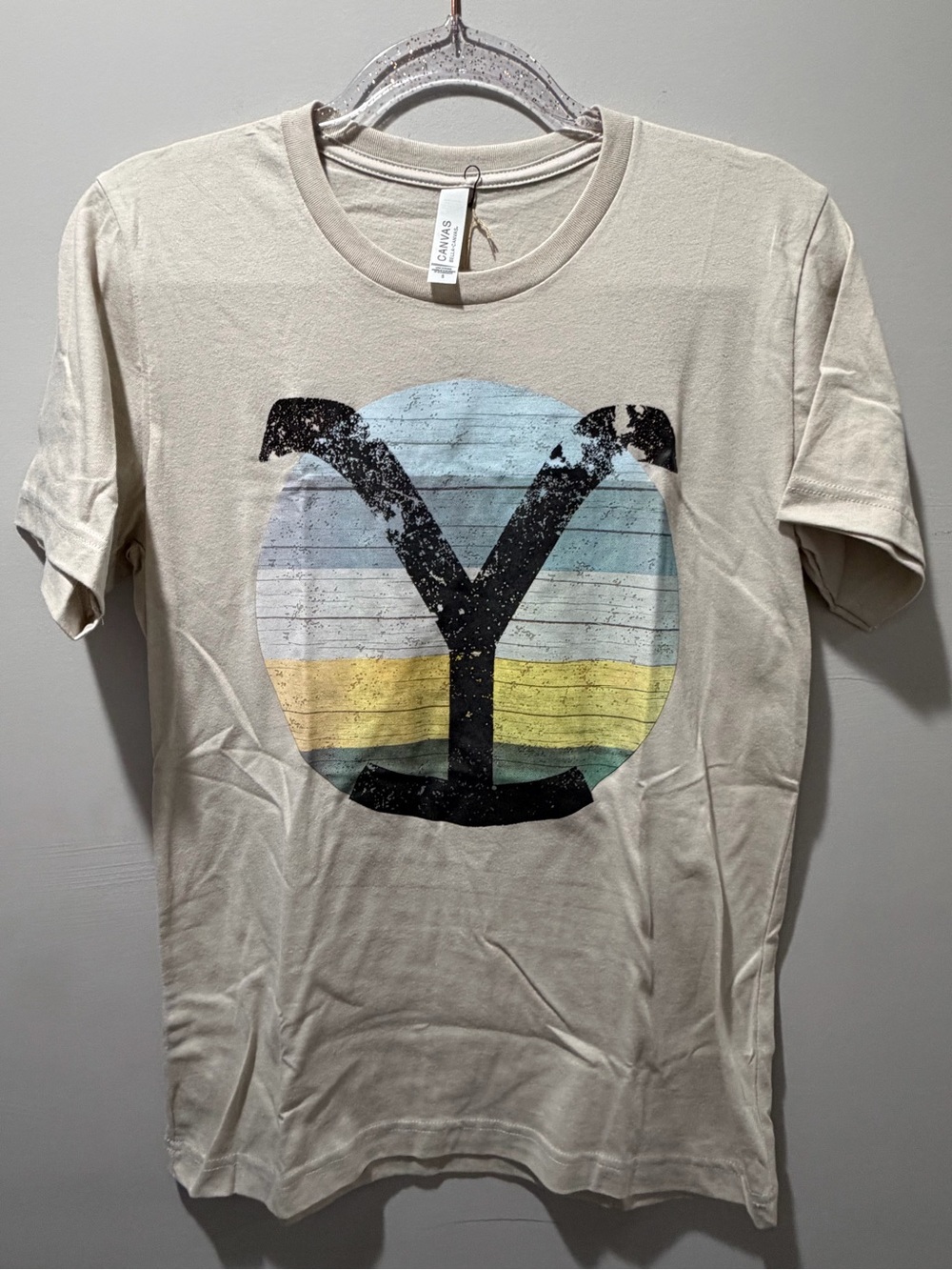 Bella Canvas Cream Graphic Tee with Blue and Yellow Stripes- Yellowstone